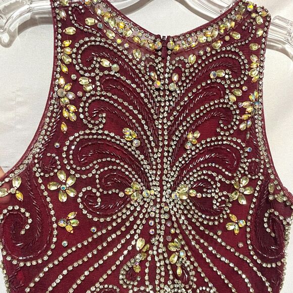 Burgundy Beaded Sequin Prom Dress - Picture 14 of 16